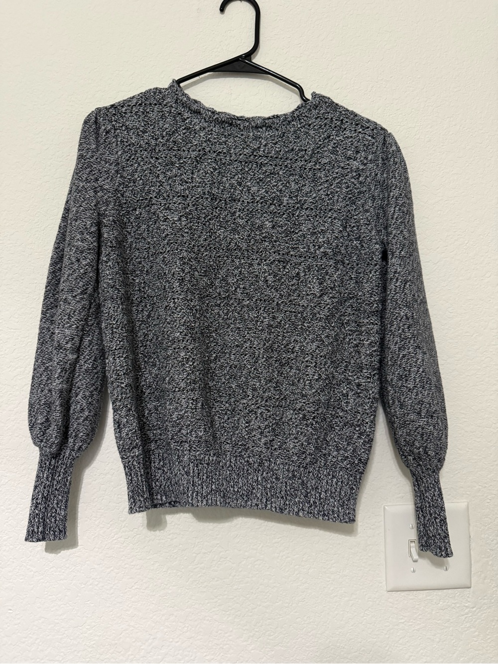 LOFT Gray Marled Crewneck Sweater with Subtle Puff Sleeves